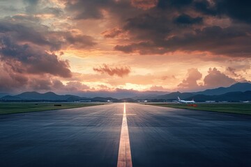 Stunning sunset scenery at airport runway with cloudy sky Concept of aviation travel