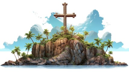 Wall Mural - the cross is on top of an island, isolated white background, extra high quality detailed, with generative ai