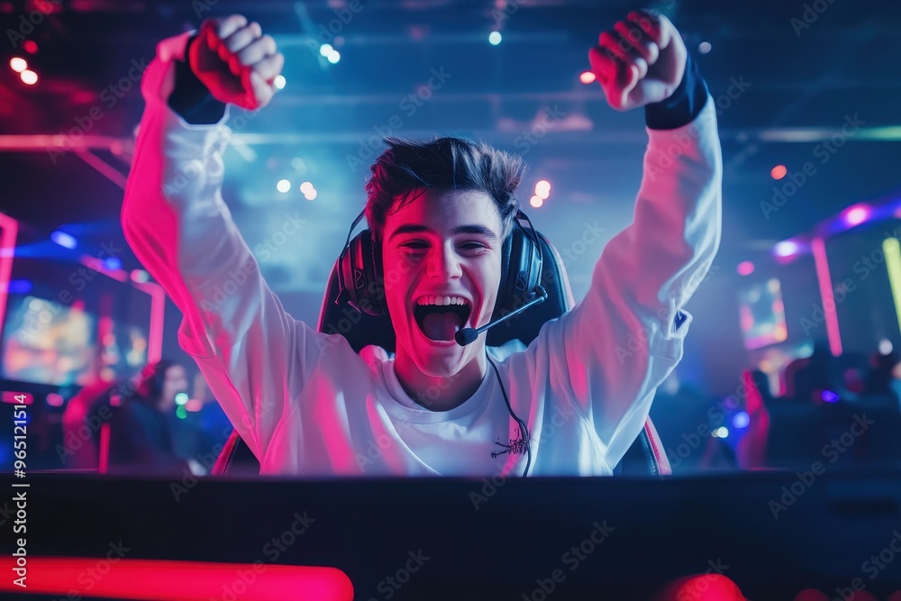 Successful eSports gamer joyfully celebrates victory in online cyber ...