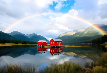 Wall Mural - Landscape with a cottage by the water, surrounded by mountains and a rainbow.