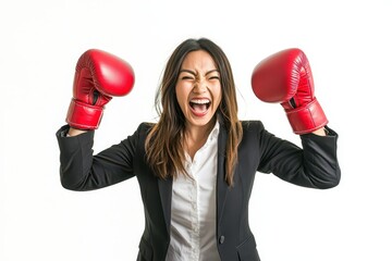 Successful young multiracial businesswoman celebrates in boxing gloves and suit symbolizing victory and success Photo on white background