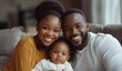 © Henry - A happy black colored family with two children sitting on the sofa at home, laughing and playing together in the living room. High-quality, realistic photograph.