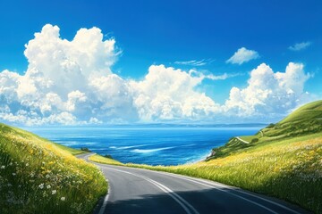 Canvas Print - Summer day by the sea with blue skies and an open road