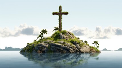 Wall Mural - the cross is on top of an island, isolated white background, extra high quality detailed, with generative ai