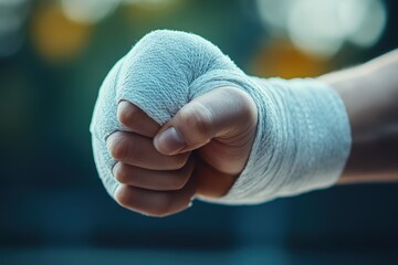 Woman applying boxing bandages preparing for fight Themes of power endurance isolation feminism