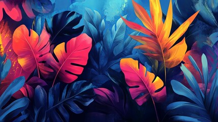 Poster - Vibrant Tropical Leaves in Blue, Pink, and Orange Hues