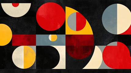 Poster - Abstract Geometric Composition with Red, Yellow, and Grey Circles and Semi-Circles on a Black Background