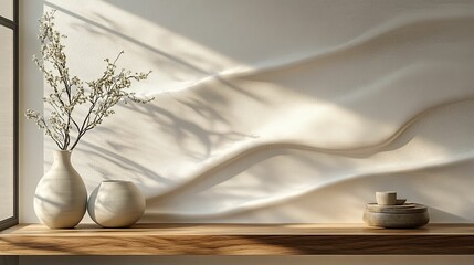 Poster - Minimalist Interior Design with White Vases, Wooden Shelf, and Natural Light