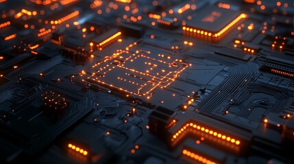 Wall Mural - Illuminated Circuit Board with Orange LEDs