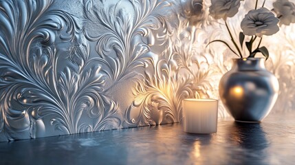 Poster - Silver Floral Background with a Candle and Vase