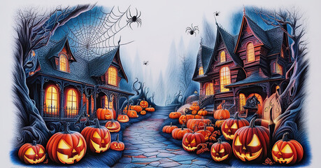 Halloween themed illustration created using bright colored pencils