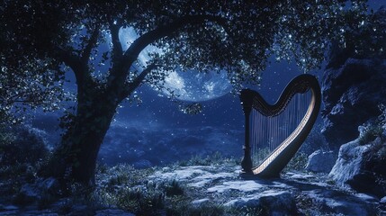 Wall Mural - A serene nighttime scene features a beautiful harp resting under a large, leafy tree. The scene is bathed in blue moonlight that filters through the tree branches, revealing a rocky landscape with spa