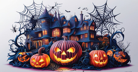 Wall Mural - Halloween themed illustration created using bright colored pencils