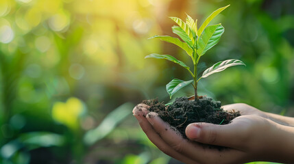 Wall Mural - Hands holding soil with young plant sprout in nature with sunlight in the background