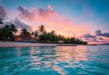 Wall Mural - Landscape with a white sandy beach, turquoise water, and a colorful sunset.