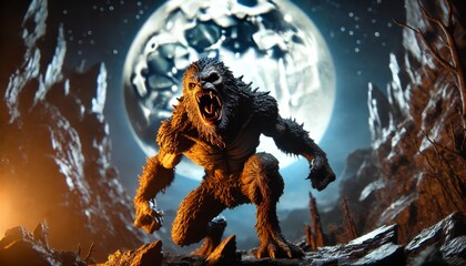 Wall Mural - A fierce, monstrous creature similar to the one in the uploaded image stands on a rocky outcrop, roaring at a full moon in the background.