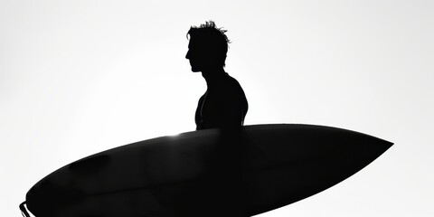 Silhouette of a person holding a surfboard against a white background during sunset, capturing the essence of surfing culture and lifestyle