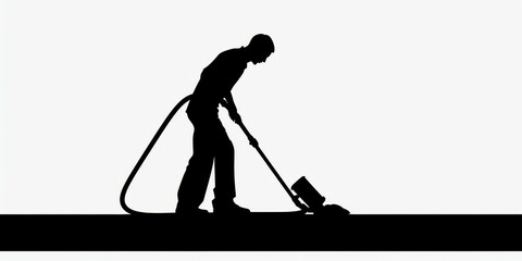 Dark silhouette of a person vacuuming a carpet on a white background during home cleaning