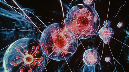 Canvas Print - Close-up of viral particles in a futuristic microscopic environment representing virus transmission