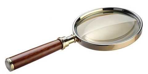 Against a pure white backdrop, a magnifying glass with a domed lens and curved grip takes center stage,