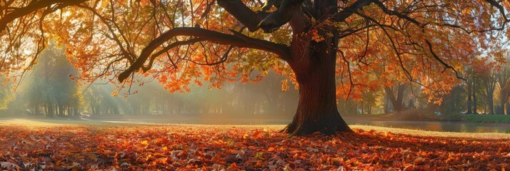 Poster - Lonely oak tree surrounded by colorful fallen leaves in a lively autumn park