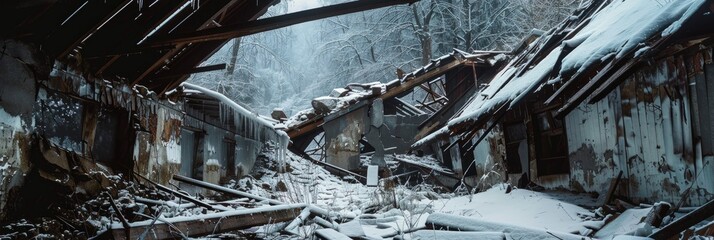 Poster - An derelict building with a collapsed roof, surrounded by a snowy winter landscape that enhances the ominous ambiance.