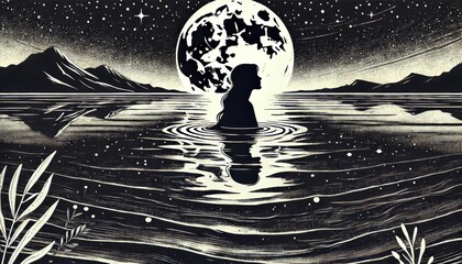 Wall Mural - A close-up silhouette of a mermaid silhouetted against the backdrop of a full moon, with gentle ripples of water reflecting the moonlight.
