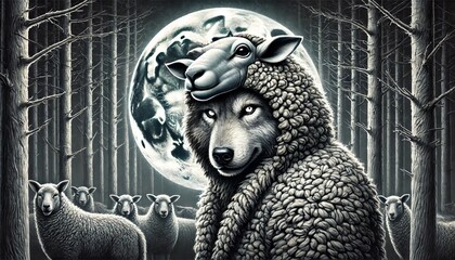 a wolf in sheep's clothing standing in a moonlit forest, with the sheep's mask partially lifted.