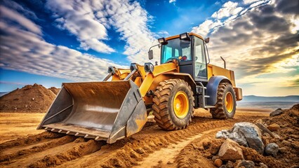 A heavy-duty front-end loader boasts a massive bucket capacity and adjustable articulating frame, effortlessly plowing