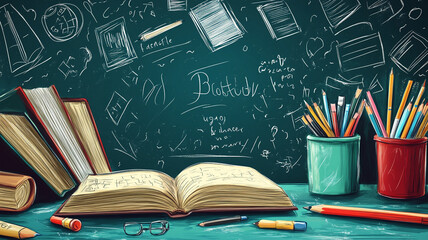 Colorful illustration of a study desk with an open notebook and scattered stationery items