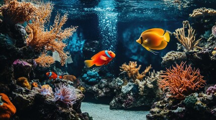 Wall Mural - Fish swimming in a saltwater tank with coral and other marine life