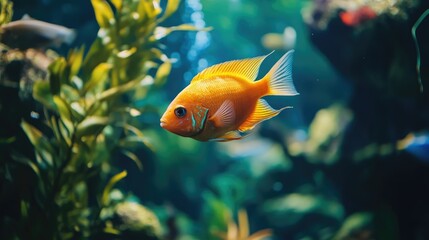 Fish swimming in a tropical aquarium with colorful decorations