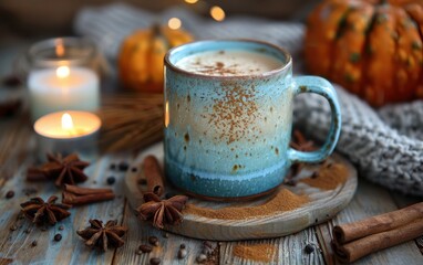 Cozy Autumn Drink with Warm Lighting and Spiced Decorations