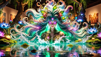 A detailed, close-shot image of a mystical character emerging from the water in a magical forest pond.