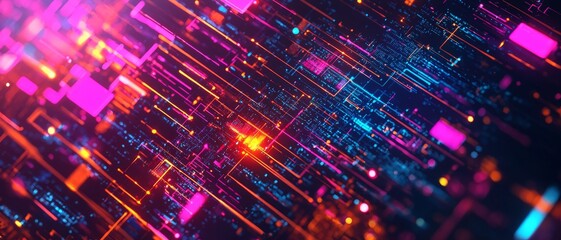 Poster - Vibrant abstract digital landscape featuring bright colors and intricate patterns, perfect for technology and modern design themes.