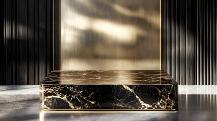 high-gloss podium made of polished black marble with gold accents, placed in a luxury showroom with soft spotlighting