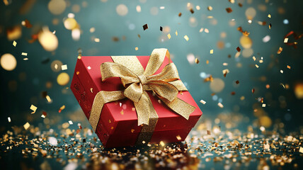 A beautifully wrapped red gift box with a golden bow surrounded by festive confetti