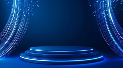 Poster - A stylish 3D podium with ample empty space, framed by swirling light particles, set against a dark background, ideal for futuristic or tech advertising