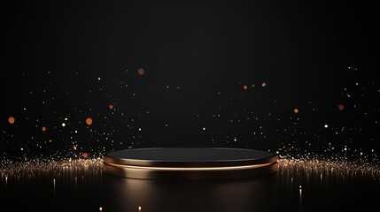 Poster - A stylish 3D podium with ample empty space, framed by swirling light particles, set against a dark background, ideal for futuristic or tech advertising