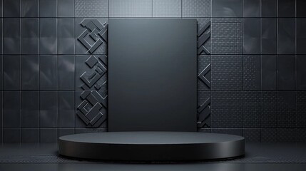 Poster - A modern 3D podium with empty space on top, surrounded by abstract geometric patterns, set against a metallic grey background, perfect for industrial or futuristic advertising