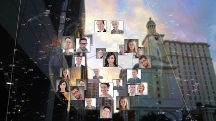Poster - Animation of globe of network of connections with people photos over cityscape