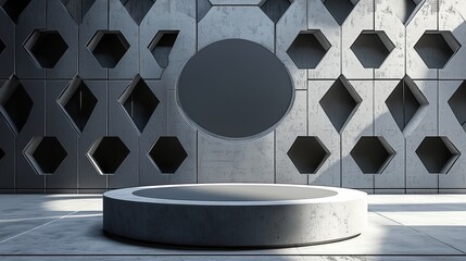 Poster - A modern 3D podium with empty space on top, surrounded by abstract geometric patterns, set against a metallic grey background, perfect for industrial or futuristic advertising