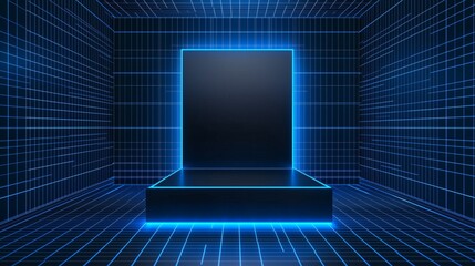 Poster - A sleek 3D podium with a large empty area, framed by digital grid lines, set against a deep blue background, ideal for tech and data security advertising