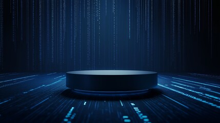 Poster - A sleek 3D podium with a spacious top, surrounded by digital glitch effects, set against a dark blue background, perfect for gaming and tech product advertising