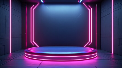 Poster - A modern 3D podium with ample empty space, framed by geometric light patterns, set against a light grey background, perfect for tech and industrial advertising