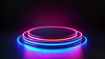 Poster - A modern 3D podium with empty space in the center, surrounded by neon light rings, set against a black background, perfect for entertainment and nightclub advertising