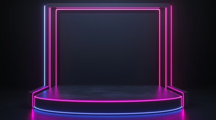 Poster - A modern 3D podium with ample empty space, framed by geometric light patterns, set against a light grey background, perfect for tech and industrial advertising