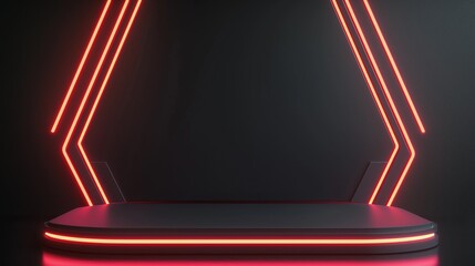 Poster - A modern 3D podium with ample empty space, framed by geometric light patterns, set against a light grey background, perfect for tech and industrial advertising