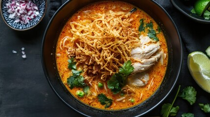 Wall Mural - Khao soi curry noodle soup with chicken and crispy noodles