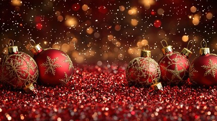 Poster - Festive red ornaments resting on sparkling glitter with snowflakes falling softly during the holiday season